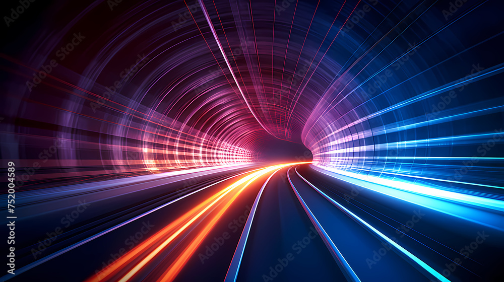 Tunnel traffic at night, highway lights on the road