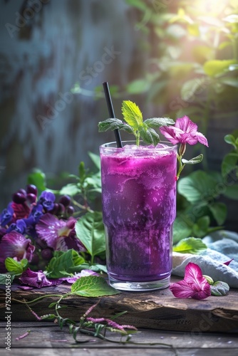 Purple colour drinks in glass decorated with flowers on rustic low-key background.