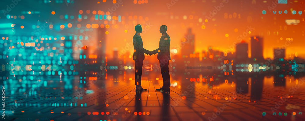 Two businessmen shaking hands in front of a blockchain background.