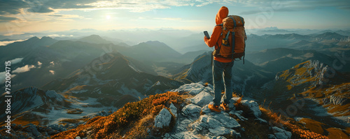 Traveler standing on a mountain top with a backpack and a smartphone. Enjoying the adventure and convenience of AR technology. photo