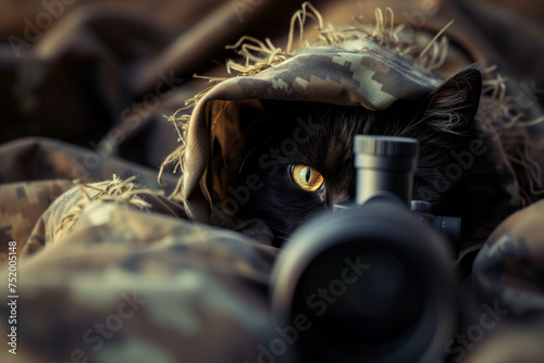 Sniper cat in camouflage photo
