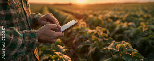 A farmer holding a smartphone in a field, using an app to monitor crop health and weather conditions.