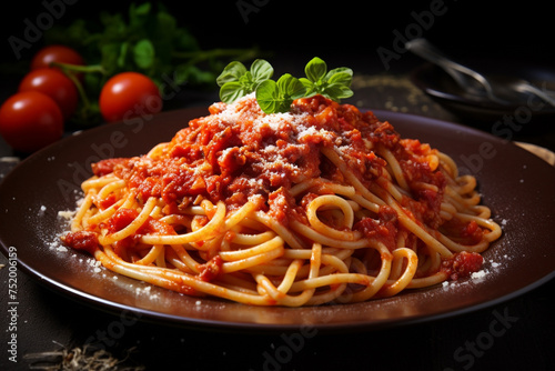 Food concept. Traditional Italian pasta with tomato sauce and basil leaf dish. Close-up product view in dark background