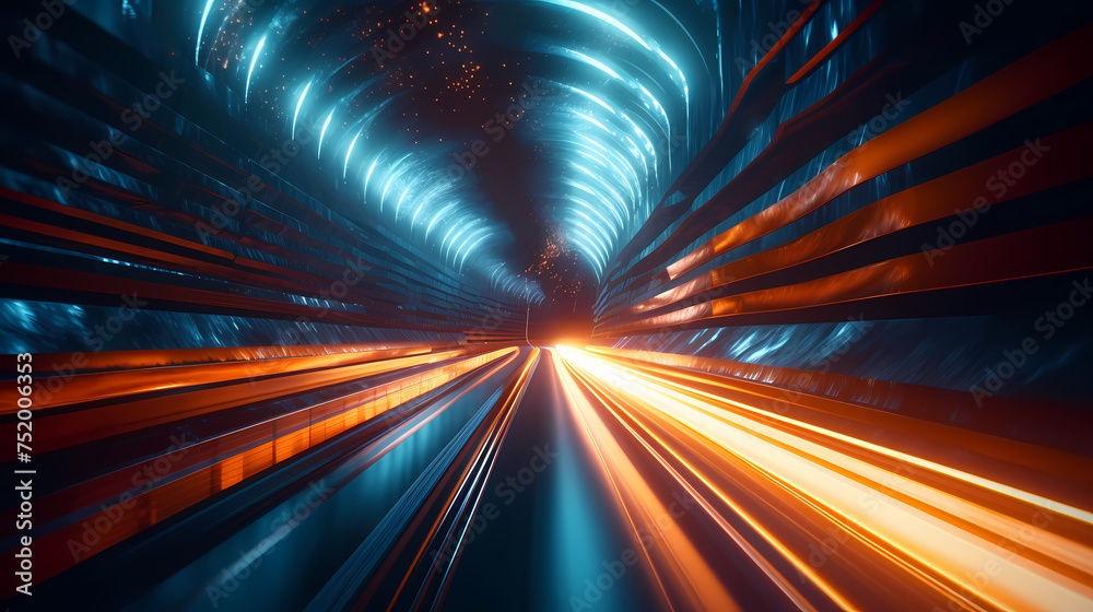 Fototapeta premium Tunnel traffic at night, highway lights on the road