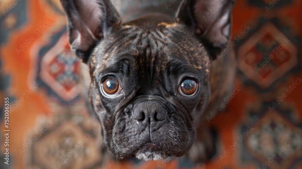 Close-up of a Brindle French Bulldog's Expressive Face, A captivating close-up photo of a brindle French Bulldog with big, soulful eyes, set against a patterned background.