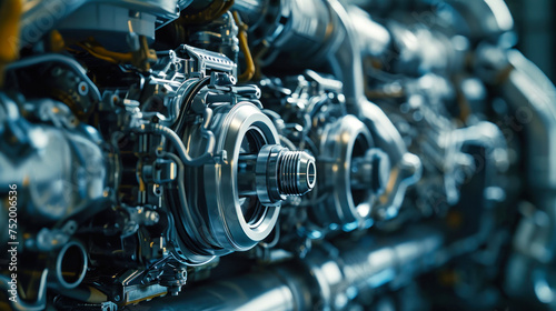 Detailed close-up of a modern engine being produced at a factory, showcasing intricate design and advanced technology