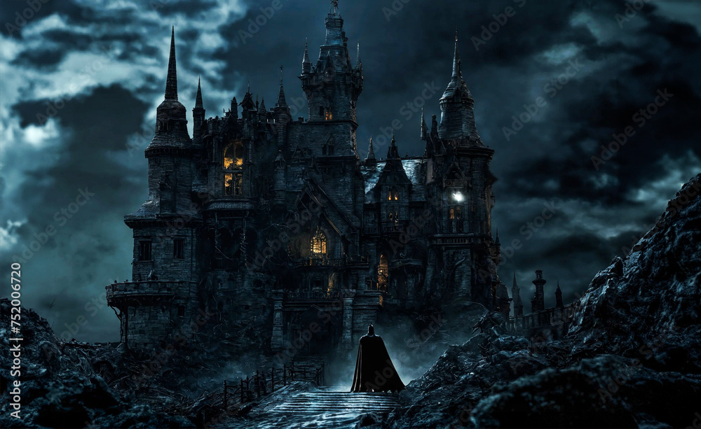 The knight standing in front of the abandoned castle in the dark night. The knight standing in front of the abandoned castle in the dark night.