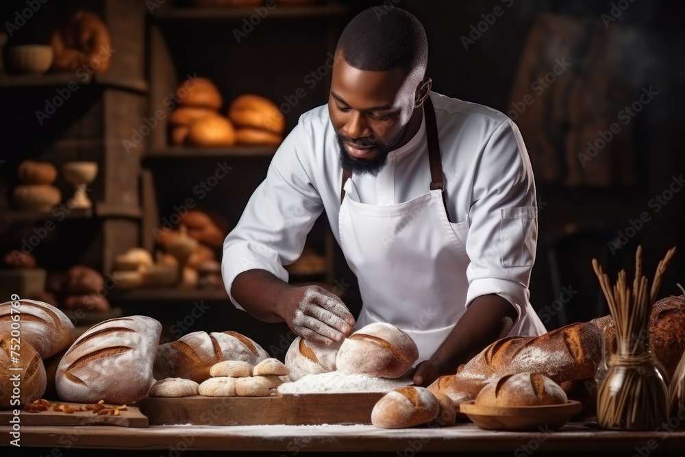 Man Making Bread in Apron, Homemade Baking Process in Home Bakery