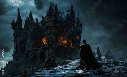The knight standing in front of the abandoned castle in the dark night. 