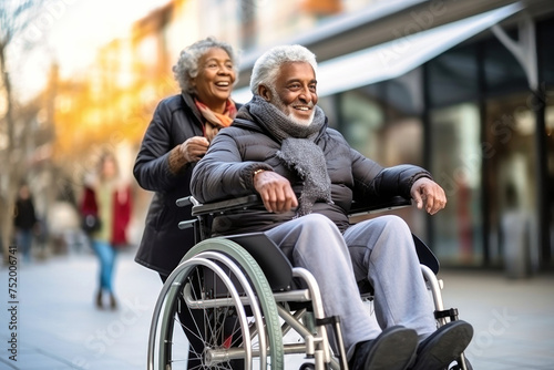Man in Wheelchair and Woman Walking Down Street