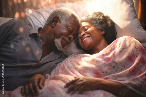 An elderly dark-skinned man and woman, a loving couple, laying side by side in bed