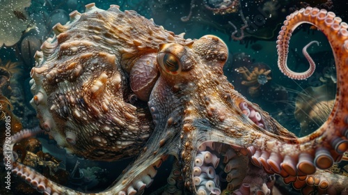 The ocean floor is a chaotic scene of swirling currents and bubbling vents with massive crustaceans and strange bloblike creatures scurrying about. A giant octopuslike beast photo