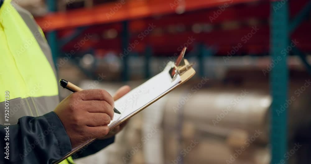 Manufacturing, factory and hands of man with clipboard for inspection, inventory and check stock. Shipping, distribution and person writing notes for logistics, maintenance and checklist in warehouse