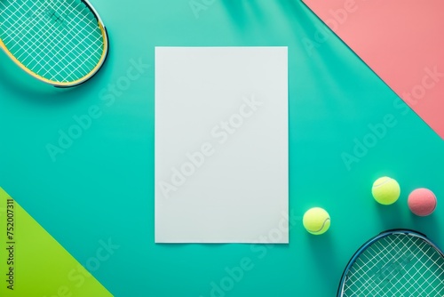 Tennis concept with racket, balls, and blank paper on green court, suitable for sports marketing and event promotions © Breezze