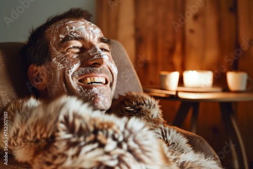 Joyful man with a face mask on, covered with a cozy fur throw, enjoying a relaxed self-care evening at home
