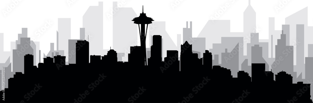 Obraz premium Black cityscape skyline panorama with gray misty city buildings background of the SEATTLE, UNITED STATES OF AMERICA