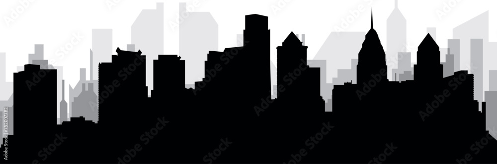 Black cityscape skyline panorama with gray misty city buildings background of the PHILADELPHIA, UNITED STATES OF AMERICA
