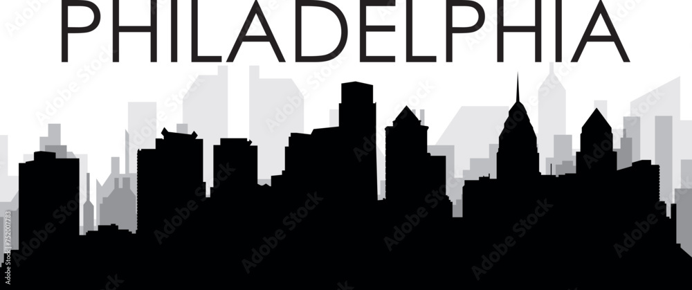 Black cityscape skyline panorama with gray misty city buildings background of the PHILADELPHIA, UNITED STATES OF AMERICA