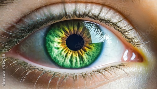 Green eyed woman staring close up of iris digitally, camera focus on Green eyed. 