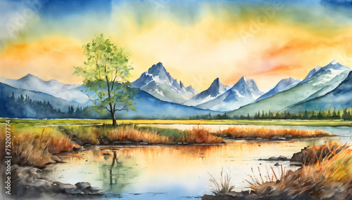 Watercolor Landscape Painting of Mountain Lake at Sunset