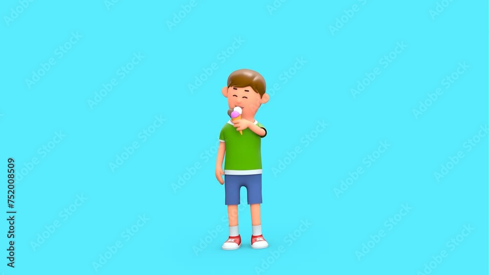 3D Rendered Animated Scene Of Cartoon Boy Kid Eating Cone Ice Cream Licking Standing In Green Background.