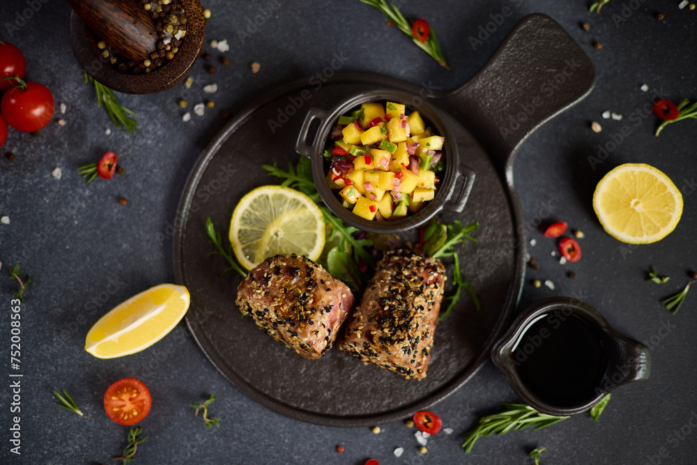 pieces of Organic grilled Tuna fillet covered with sesame seeds and mango salsa on black ceramic serving board