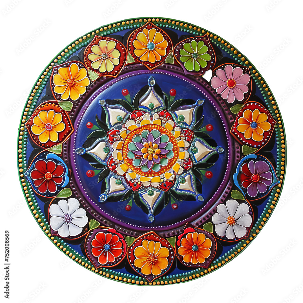 Traditional Folk Art Mandala with Colorful Floral Patterns and Blue Background