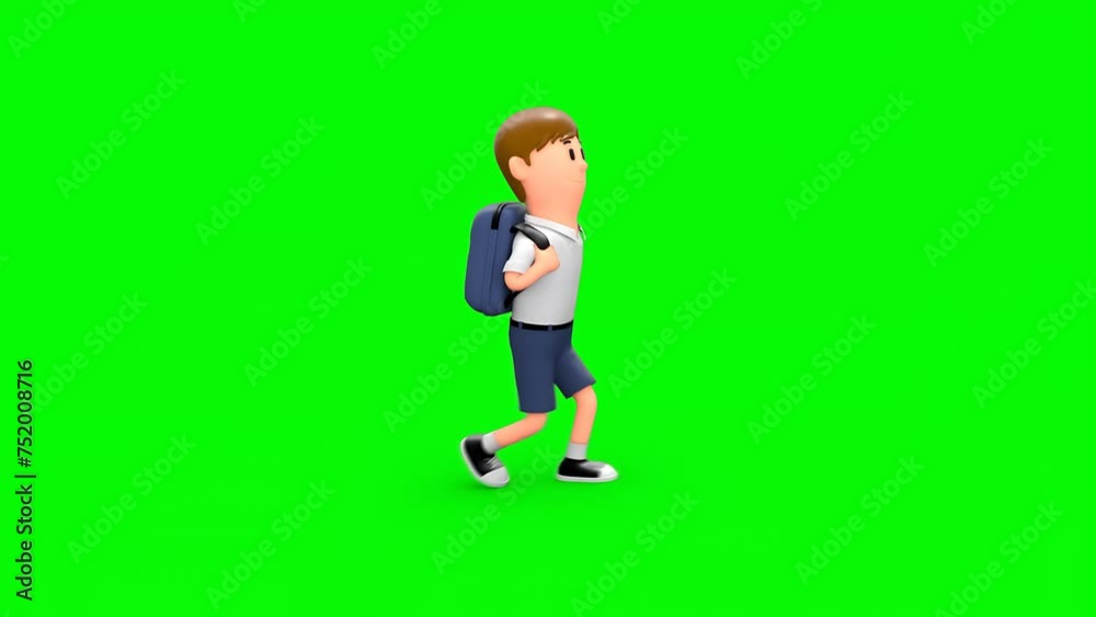 3D Rendered Animated Scene Of Cartoon Schoolboy With Backpack Going To School Walking In Green Background. 3D Rendered Animated Scene Of Cartoon Schoolboy With Backpack Going To School Walking In Green Background.