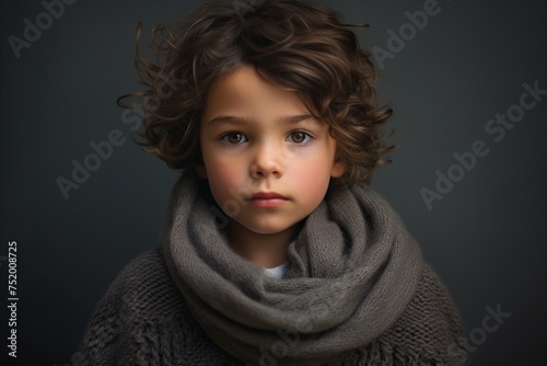 Portrait of a cute little boy with curly hair wearing a gray scarf. © Iigo