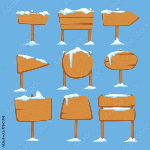 Set of snowy wooden plank set collection, Winter wood sign board with snow vector banner, Wooden blank signboard frame covered with snow, various blank snowy arrow panels, direction or advertisement.
