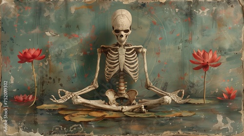 Human skeleton, sitting cross-legged, meditating on a lotus. meditation concept and still and calm on the abstract background