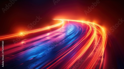 Road light. Curve streak trail line. Fast speed car. Long yellow and red way effect. Blurred motion. Sparkling flow