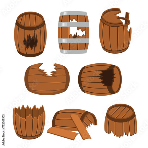 Set of broken barrel set collection, vintage broken old wooden barrel set collection with cartoon style, isolated on white background, vector illustration, pirate concept, drum container.