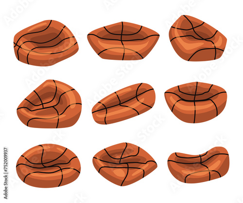 Set of old deflated basketball set collection, Flattened ball, cartoon style, isolated on white background, worn out damaged ball, Orange, rubber, rumpled old ball, game over lose sport concept.
