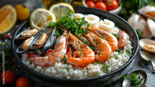 Italian Food.Seafood risotto with shrimp, mussels, parsley, and lemon in a black dish.