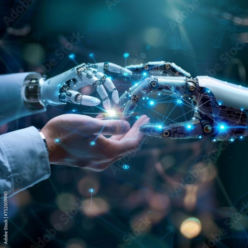 Bridging the Gap: A human and a robotic hand connect amidst a vibrant network of data, symbolizing the collaborative future of artificial intelligence and humanity.