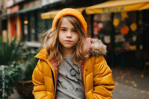 Portrait of a cute little girl in a yellow jacket and a hat on the street.