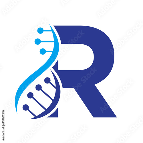 Initial DNA Logo On Letter R Vector Template For Healthcare Symbol
