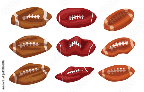 Set of deflated american football set collection, football partially deflated with the valve stem still inserted, isolated on white background, game over lose sport concept, vector illustration.