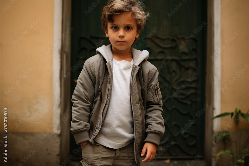 Outdoor portrait of a cute little boy in a coat and hoodie