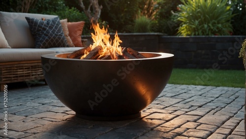 A stylish contemporary fire pit radiating warmth in a twilight outdoor garden setting, enhancing the ambiance