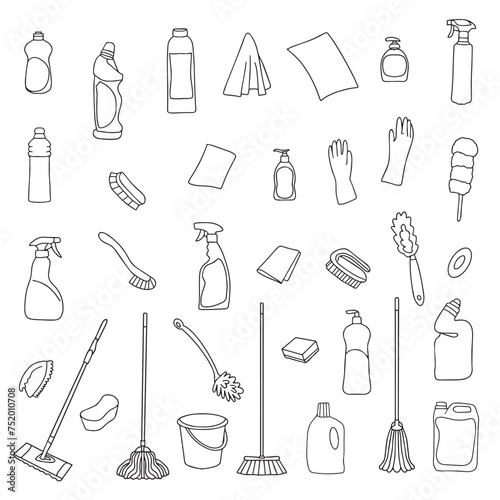 Set of cleaning equipment. Cleaning line icons. Line of hand-drawn equipment, cleaning supplies and tools for washing and disinfecting the house, bucket and mop, detergent sprayer. Vector 
