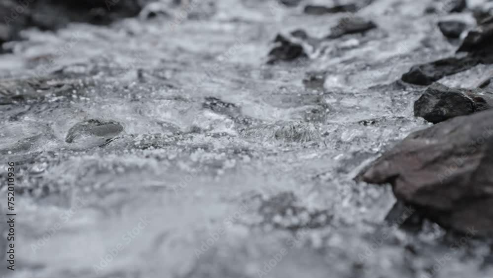Crystalline ice sheet over a flowing river, serene winter scenery Crystalline ice sheet over a flowing river, serene winter scenery