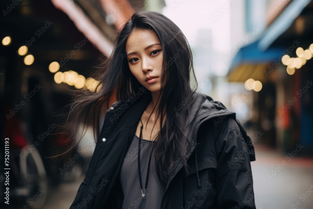 Portrait of a beautiful young asian woman in black coat.
