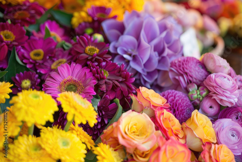 Close-up of fresh and colorful flowers at a bustling flower market © Veniamin Kraskov