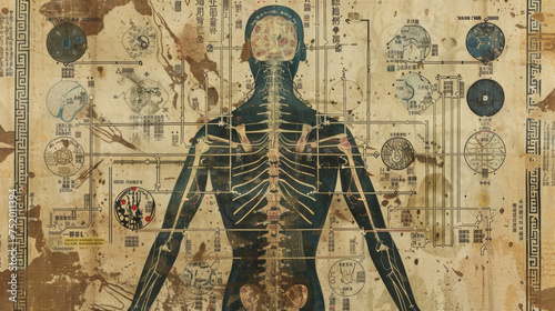 A detailed view of a diagram showing the meridian pathways and corresponding in traditional Chinese medicine.