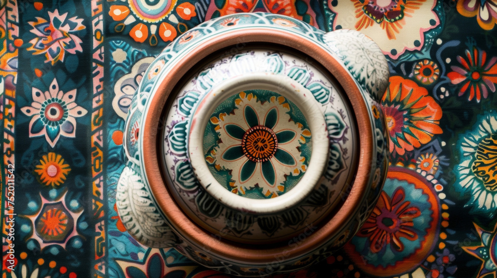 The top view of a ceramic fondue pot with a unique and intricate floral design resting atop a colorful tablecloth.