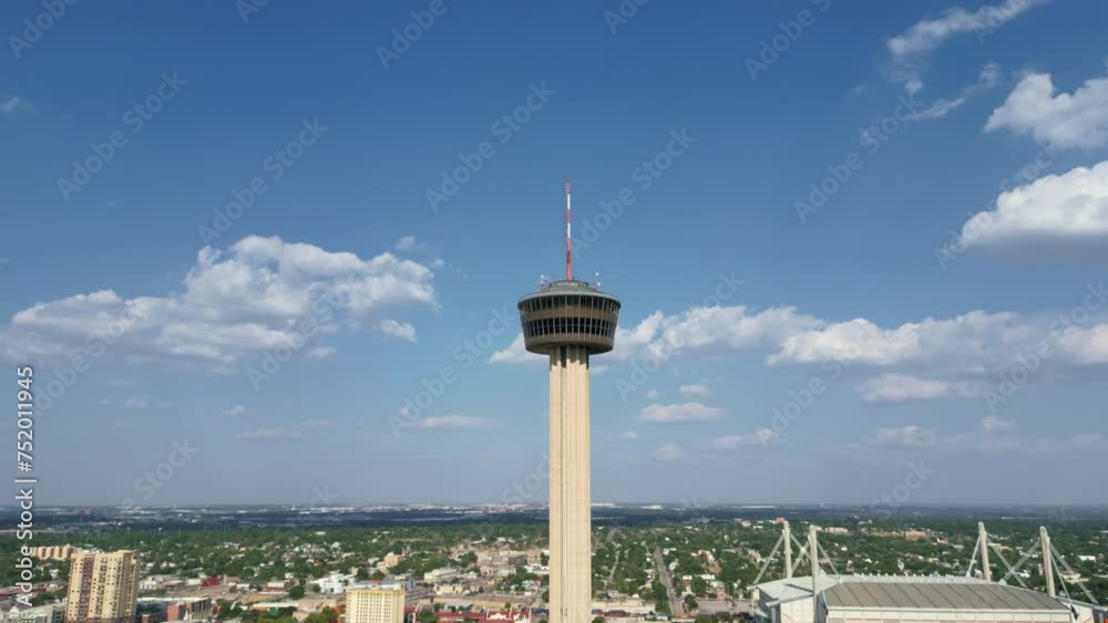 Tilt-down aerial view of the recognisable Tower of Americas structure in San Antonio, Texas Tilt-down aerial view of the recognisable Tower of Americas structure in San Antonio, Texas