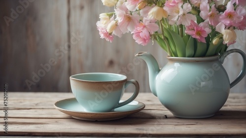 A soft blue teapot and matching cup alongside vibrant pink tulips on a wooden surface