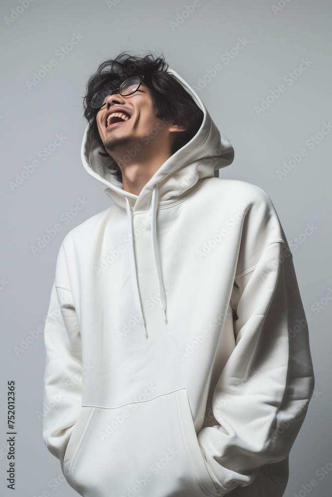 A man wearing white hoodie laughing happily on muted background